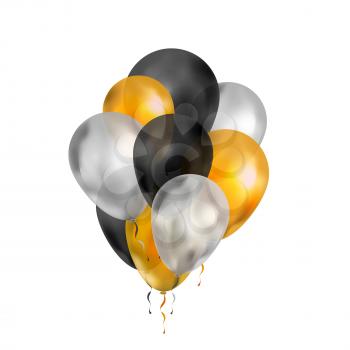 Bunch of luxury balloons in gold, silver and black colours isolated on white