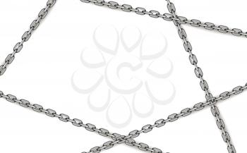 Glossy silver metal crossed chains on white wide background