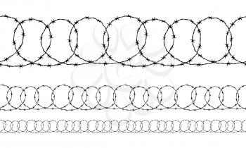 Set of seamless borders of black ravel barbed wire on white