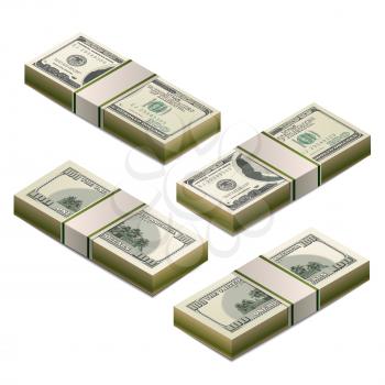 Stacks of dummy one hundred US dollars banknote, front and back detailed coupure in isometric view on white