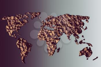 Roughly outlined world map with stone gravel pebble fillings