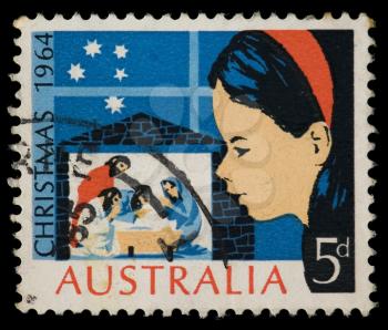 Vintage cancelled postage stamp with christmas nativity illustration. Australia, 1964.