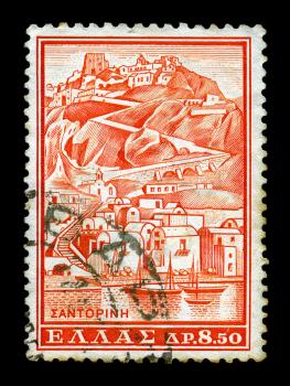 GREECE - CIRCA 1961. Vintage canceled postage stamp with illustration of the island of Santorini, circa 1961.