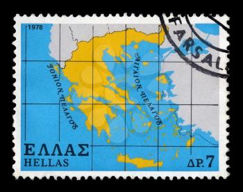 GREECE - CIRCA 1978. Vintage canceled postage stamp with map of Greece illustration, circa 1978.