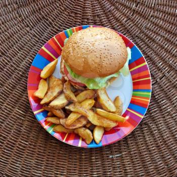 Cheeseburger and fries dish. Fast food background.