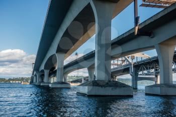 A view from under the I-90 bridge in Seattle, Washington.