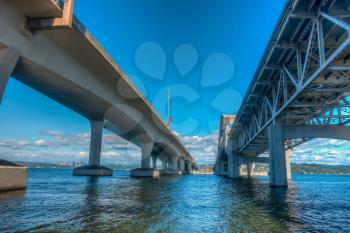 A view from beneath the I-90 bridge in Seattle, Washington. HDR image.