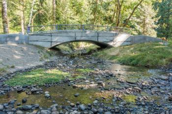 A walking bridge spans a stream at Flaming Geyser State Park in Washington State.