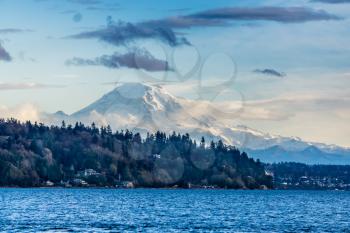 A view of Mount Rainier across the Puget Sound.