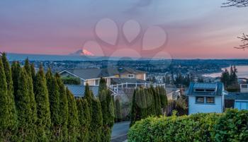 A view of Mount Rainier from a neighborhood in Des Moines, Washington.