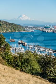 View of the Port of Tacoma and Mount Rainier.