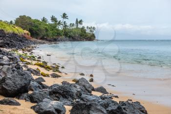 A view of the shoreline in the Kahana area of Maui, Hawaii.