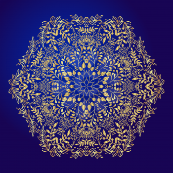 Mandala, amulet. Round vintage ornament, medallion, floral mandala. Esoteric gold symbol on a blue background. Om sign in the eastern style, indian ethnic pattern. Hand drawn. It can be used for tattoo prints on t-shirts, design and ad restaurants, wedding cards