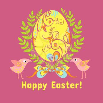 easter egg in the leaves, flowers on a pink background, with a bow and birds