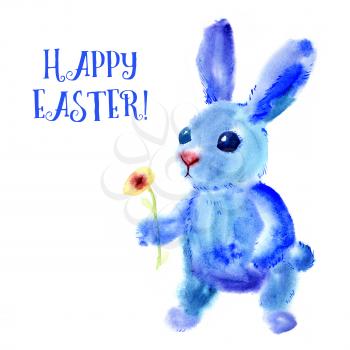 Blue Easter Bunny. Watercolor greeting card, print on t-shirt, bag, bag Smartphone. Religious symbol of spring holiday Easter
