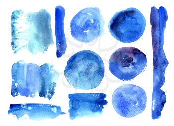 Set of blue watercolor stains. Swabs suitable for texture advertising banners, Women's logos, backgrounds for postcard, party poster, coupon, certificate and sale, business and invitation Card, Flyer.