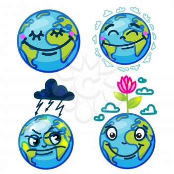set of cute cartoon globes with different emotions