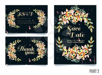 Trendy black card with roses for weddings, save the date invitation, RSVP and thank you, valentines day  cards. Contemporary glamour  template 