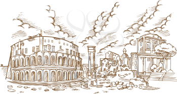 panoramic view on the ancient Theatre of Marcellus( Teatro di Marcello ), vector illustration hand draw