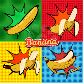 Banana opened banana bitten banana peel banana pop art vector illustration