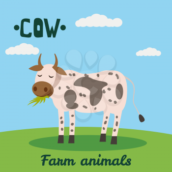 Cute Caw farm animal character, farm animals, vector illustration on field background