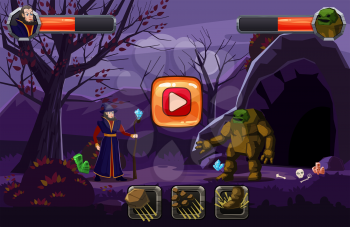 Night fantasy landscape, mountain, cave, trees, autumn. Fairy magician in a hat with a staff and an ogre in battle