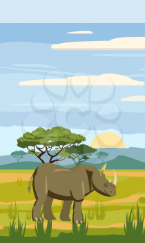 Cute cartoon rhiniceros on background landscape savannah Africa illustration, vector