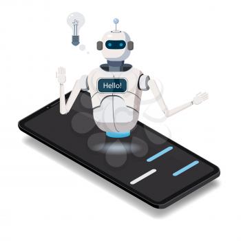 Isometric Science Chat bot, smartphone concept. On line store, shopping, assistent, sale e-commerce