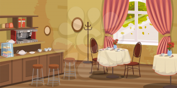 Coffee house, interior, rack, chairs coffee machine tables vector illustration