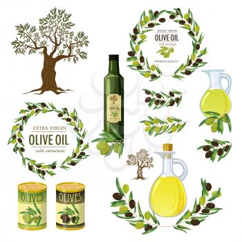Olive colored isolated icon set with products and decorations from olives olive branch