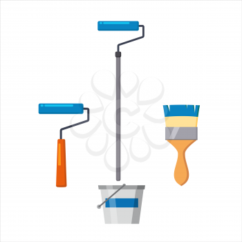 Set of wall painting tools. vector illustration with spatula, bucket of paint, brush and roller. Home repair icons
