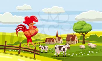 Rural cute farm view, rooster, cow, sheep, cock sitting on a fence, vector, vector illustration isolated