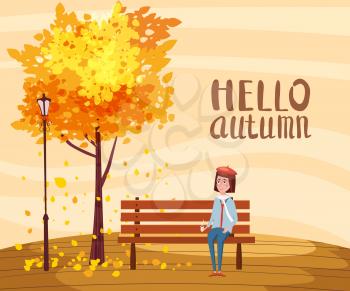 Hello Autumn, happy girl sitting on a bench with a cup of coffee, under a tree with falling leaves