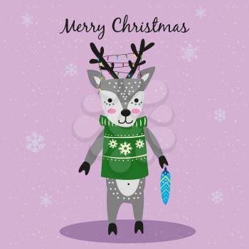 Merry Christmas Cute Deer with sweater, garland and toy card. Hand drawn character illustration vector isolated poster