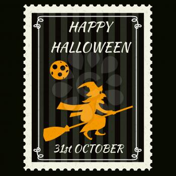 Happy Halloween Postage Stamps with witch on a broomstick