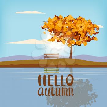 Autumn landscape lettering tree yellow red brown leaves fall sunset mood panorama river