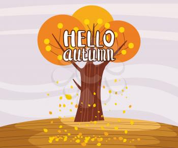 Hello Autumn landscape lonely tree in trend style flat cartoon