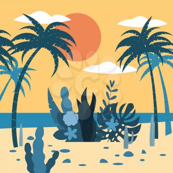 Landscape sunset tropics exotic flora plants, palm trees, leaves, cacti