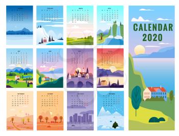 2020 Calendar minimalistic landscape natural backgrounds of four seasons
