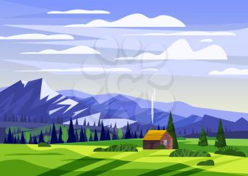 Beautiful summer mountain landscape valley rural farm house countryside, green hills, bright color blue sky, meadows with mountains