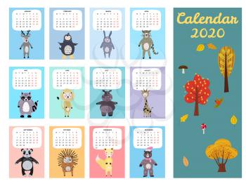 2020 Calendar Cute Animals Characters Scandinavian Style