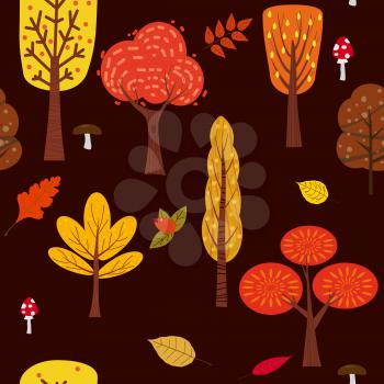 Seamless tree pattern forest woodland with leaves and mushrooms