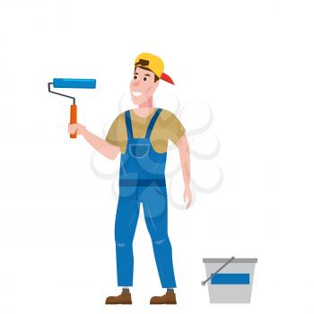 Painter man is holding a paint roller in hand, profession, character, uniform, bucket