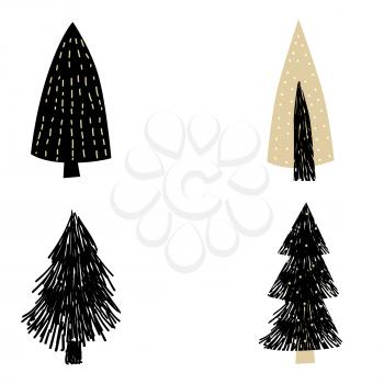 Set Christmas forest tree fir-tree icon. Simple doodles black white illustration in scandinavian style