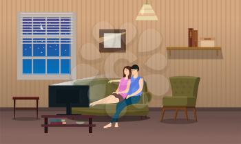 Loving couple watching TV or television set film, TV series, the broadcast