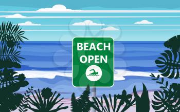 Summer beach banner Open. Seascape ocean shore tropical flora palms