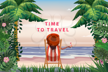 Time To Travel Woman lying on deck chair with cocktail in hand, resort tropical coast. Exotic sea ocean shore sand, palms. Vector illustration retro vintage poster isolated