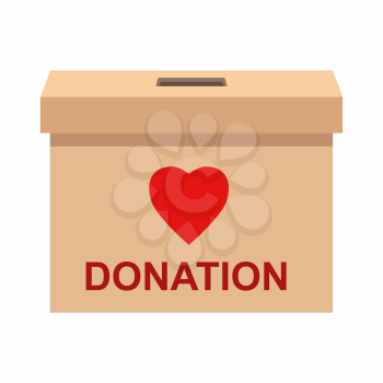 Donation Box with golden coin, money. Depositing in a carton container with text banner donate