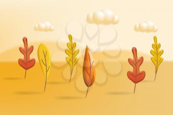 Autumn landscape trees leaves 3D yellow, red, brown, orange colors. Fall nature, clouds. Minimal 3d render plasticine, vector illustration banner, poster template