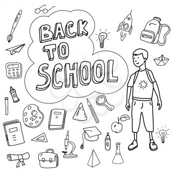 Back to school, poster with doodles drawn by hand, set of school icons, schoolboy goes to school, banner, invitation cards